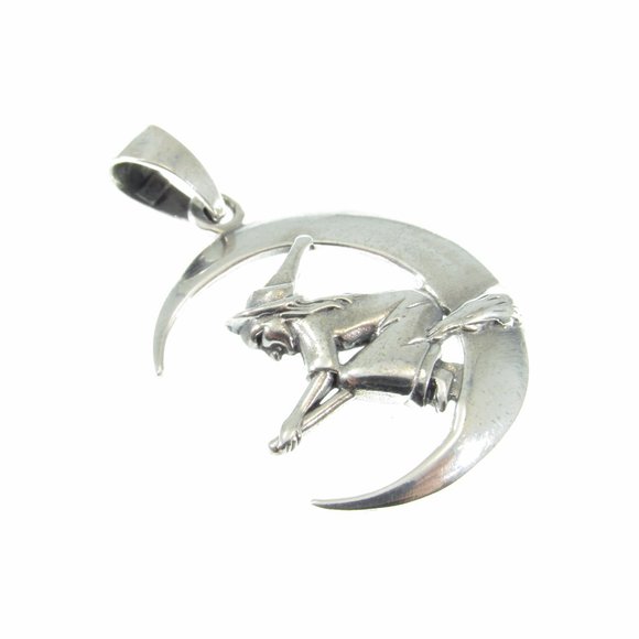Solid 925 Sterling Silver Crescent Moon Witch Flying on Broomstick Pendant - Picture 7 of 10
